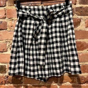 Zara Black and White Gingham Linen Blend Pleated Shorts Waist Tie XS